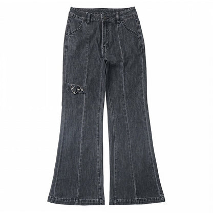 Detail Faded Wash Distressed Gray Flared Jeans Heart Buckle