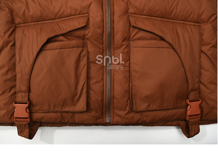 Patchwork Design Brown Hooded Down Jacket