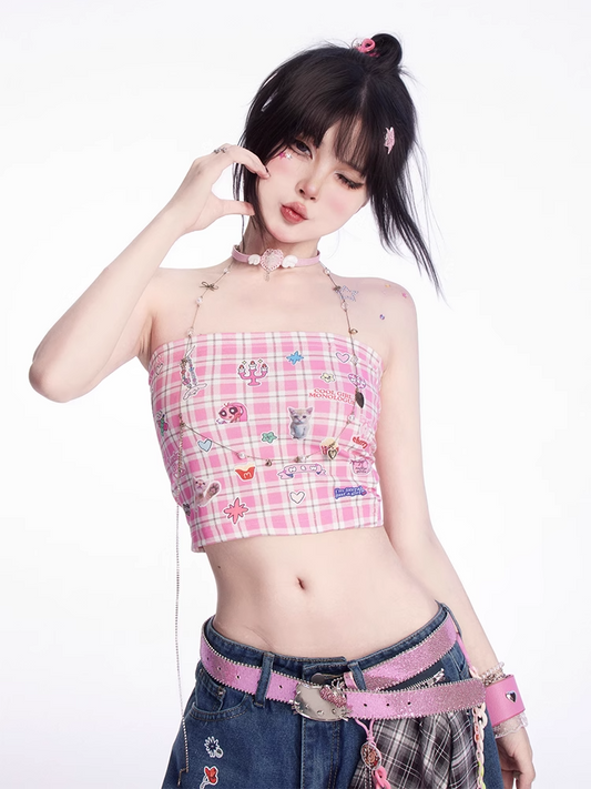 Strapless Top Print Cute Kitten Sticker Pink Plaid Cropped