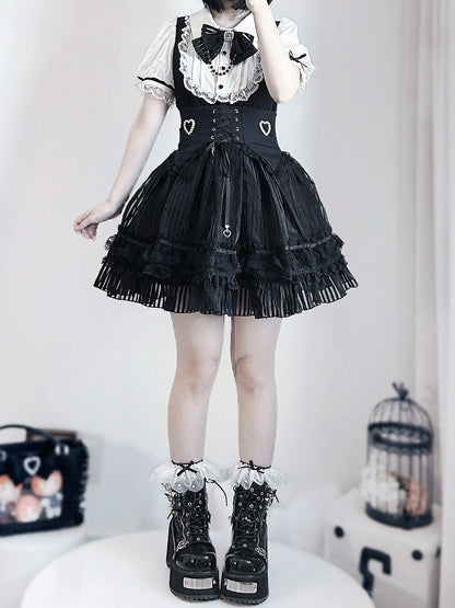 Belt Corset Stripes Skirt Waist Puffy Dress Layered Black Jirai Kei White and Lace-up with Three High