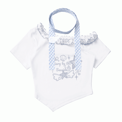 Blau mit Schal, kariertes Rosa/Baby-T-Shirt mit Seestern- und Muschel-Print und Rüschen am asymmetrischen Ausschnitt