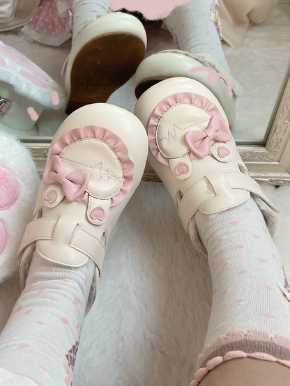 Besatz Fleece Beige Flats Herz Ohr Gefüttert Lolita mit Rüschen Süße Applikation Hase Winter