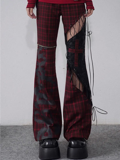 Rock Detail und Schwarze Schnürung Rote Hose Plaid Cutout Punk