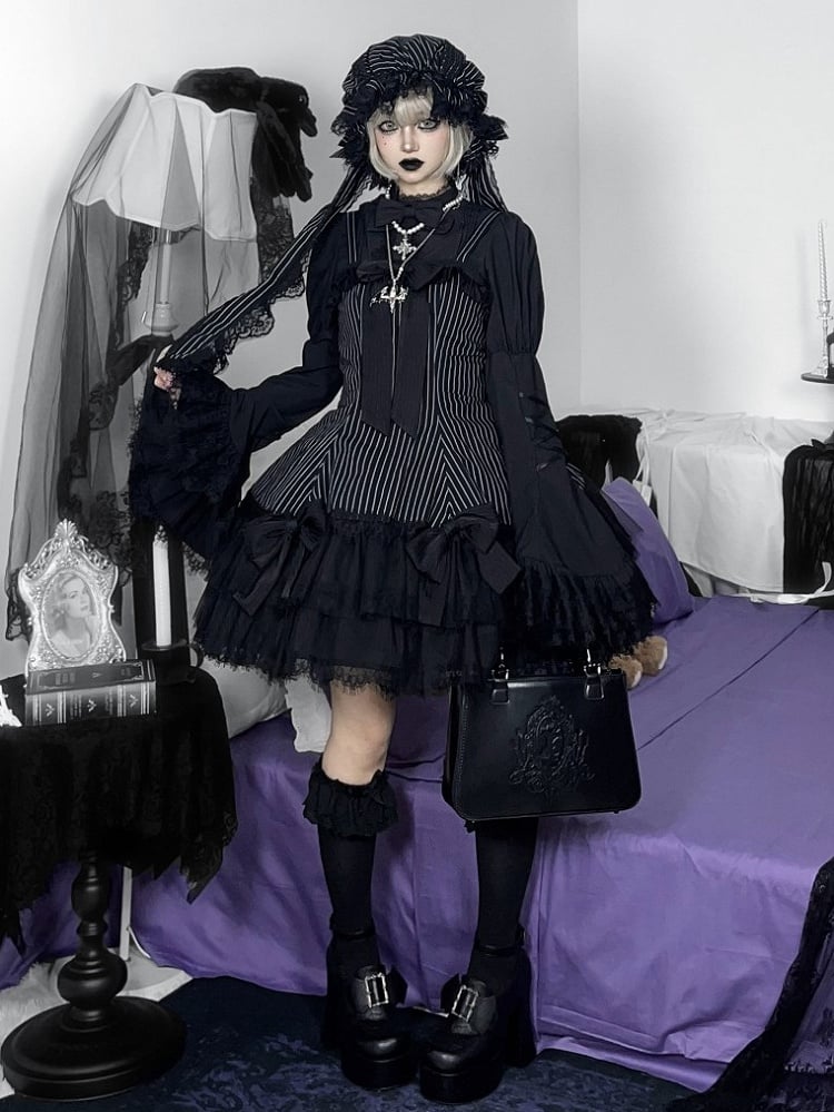 Jupe pull gothique Lolita à double épaisseur avec nœuds rayés noirs