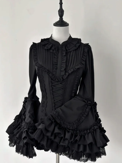 Schwarzes Lolita-Hemd mit Ärmeln, geschichtet, wunderschöne Glocke, ganz lang, Gothic Kuro