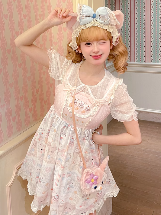 Jumper Pink Flutter Sleeves Kitten and Cake Print Sweet Lolita Dress Skirt