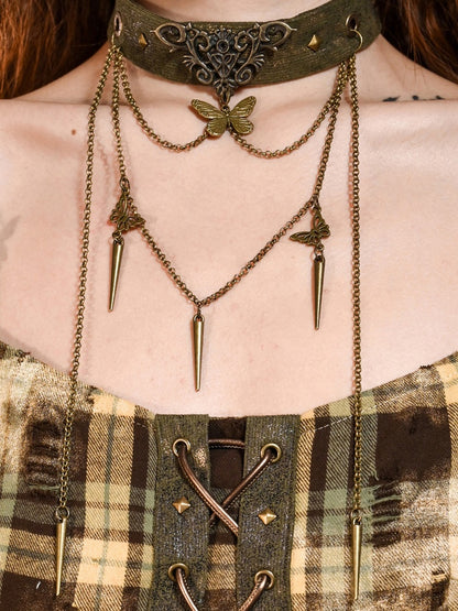 Green Butterfly Pendant Studs Choker with Chain