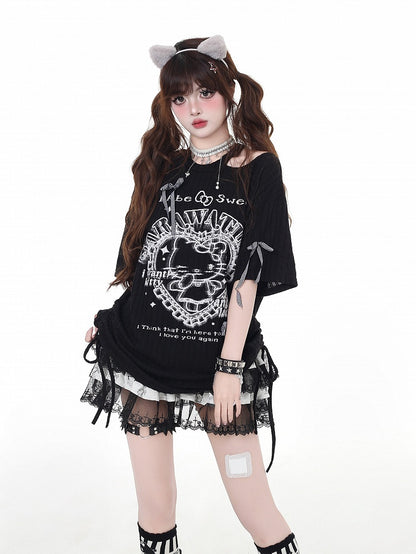 Cutout Y2K Black/White Round Waist Neck Detail T-Shirt Kitty Print Drawstring