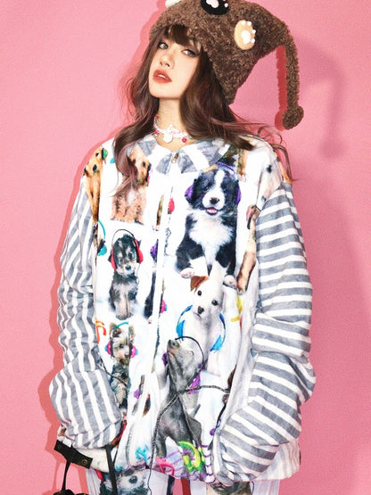 Gyaru Puppy Pattern Jacket Striped Print Fashion White