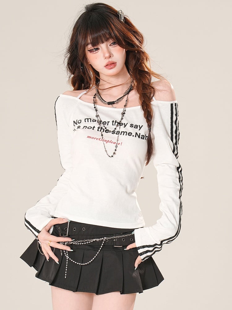 Neckline Off-the-shoulder Sleeves Letter Print Top Bittersweet Black/White Long Glamorous
