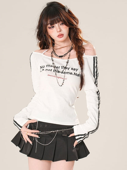 Neckline Off-the-shoulder Sleeves Letter Print Top Bittersweet Black/White Long Glamorous