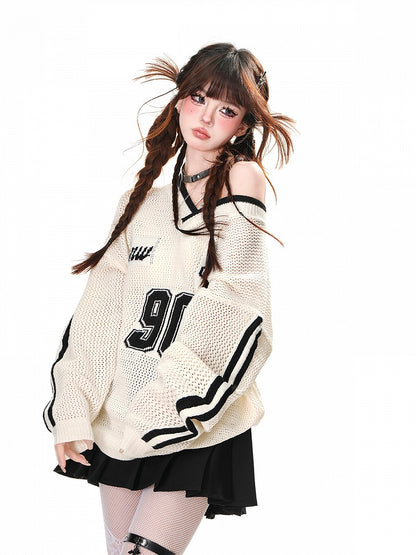 Black/White Asymmetrical Neckline Sun Protection Hollow-out Top