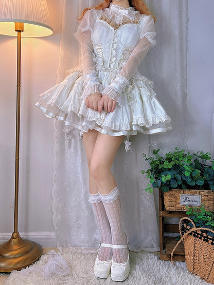 White Ruffle Neckline Juliette Sleeves Sheer Blouse