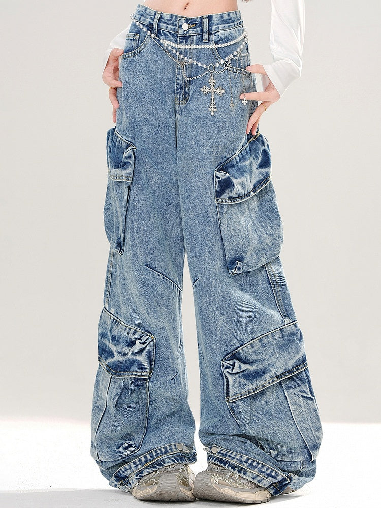 Blue Cargo Pockets Design Wide-leg Cut Jeans