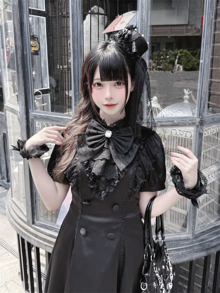 Back Bow Tie Black Ruffled Lace Trim Self-tie + Jirai Kei Chiffon Dress