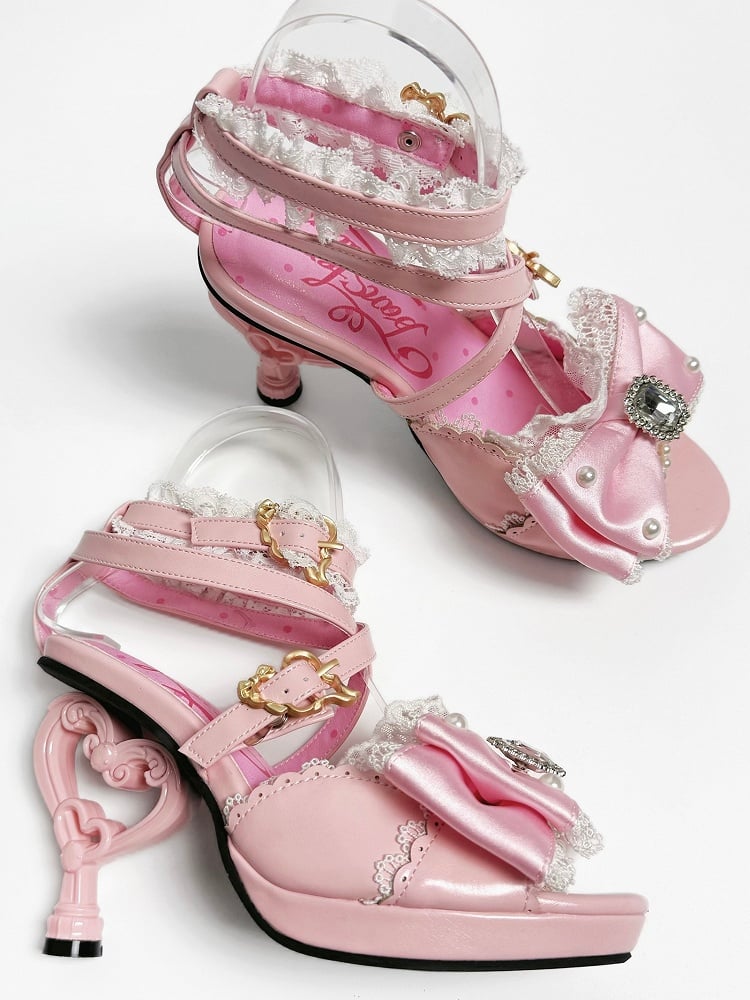 Heart-shaped Girl High Top Sandals at Hime Magical Pink Gyaru Heels Shoes Bow