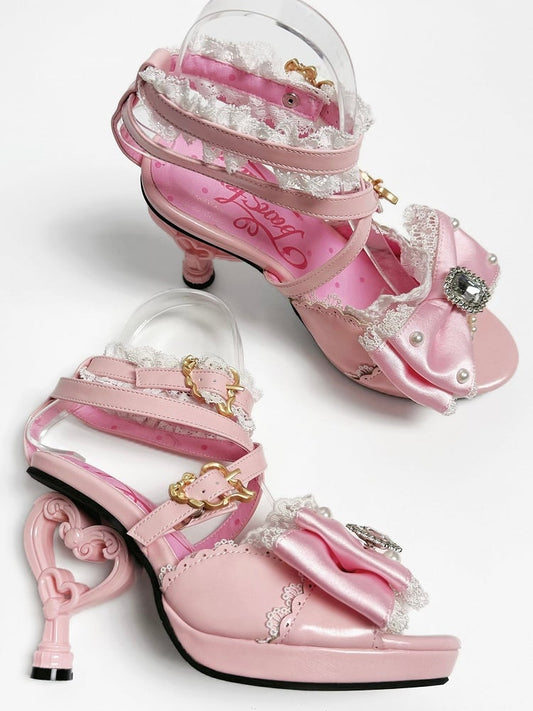 Heart-shaped Girl High Top Sandals at Hime Magical Pink Gyaru Heels Shoes Bow