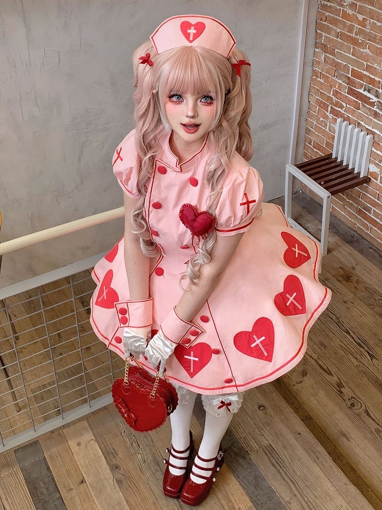 Ärmel Puffkleid Kreuz Krankenschwester Herz Patches Lolita Pink