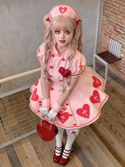Ärmel Puffkleid Kreuz Krankenschwester Herz Patches Lolita Pink