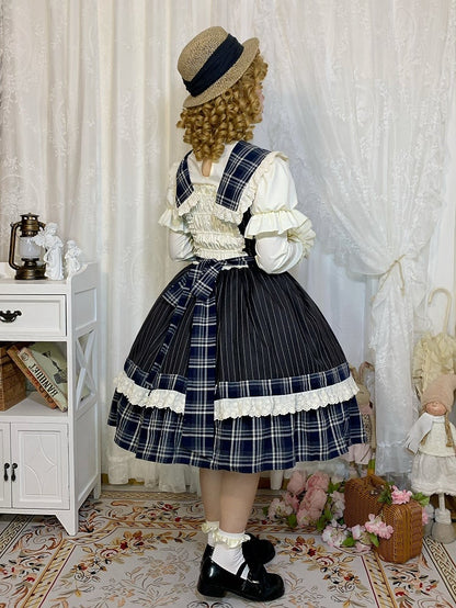 Blue Plaid and Black Striped Pattern Dress Detachable Collar and Tie Lolita Jumper Skirt