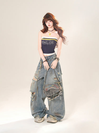 Navy Blue/Black Letter Print Cropped Strapless Top