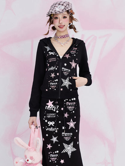 Black Y2K Stars Print Slim-fit Zip Hoodie