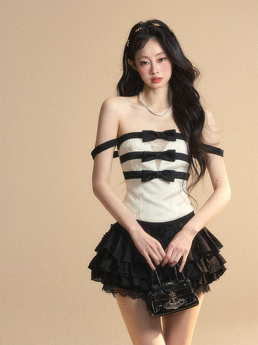 Bowknot Details Patches Lace Glamorous Strapless Top Apricot Neckline