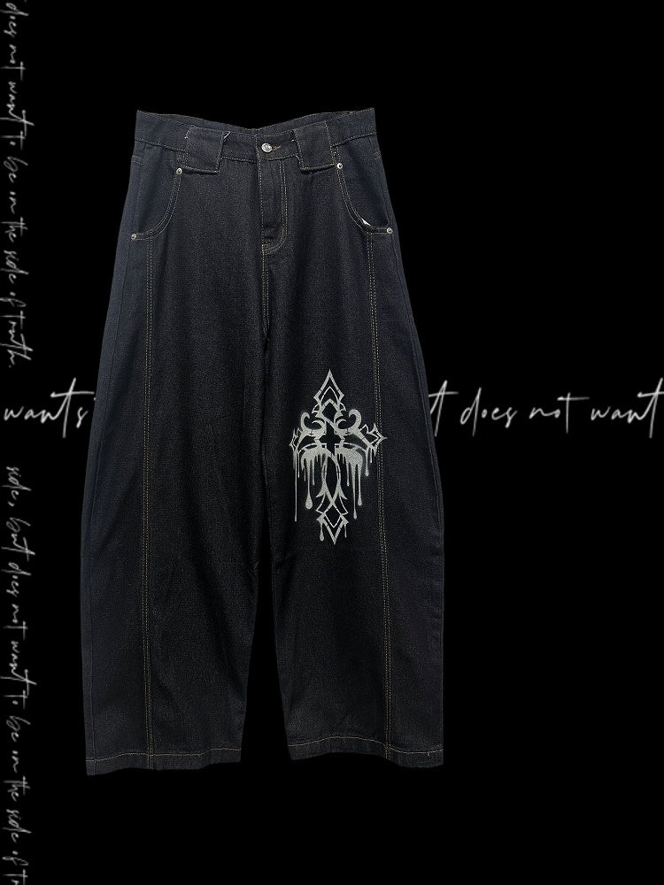 Dunkelblaue Jeans mit weitem Bein und Kreuzmuster