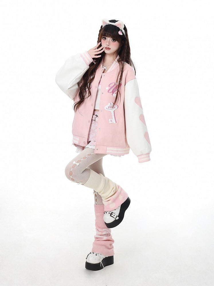 Veste de baseball Yume Kawaii rose/bleu avec appliques clés