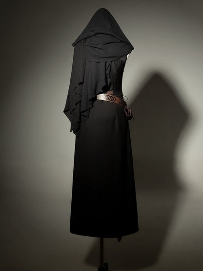 Shawl Gray Dress Sleeves Thigh-high Sleeveless Belt Slit Black Shorts + and Hood