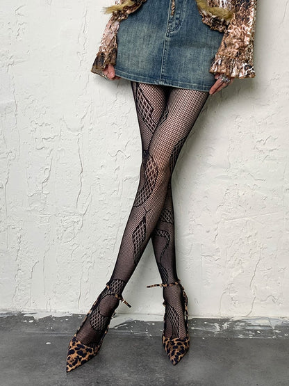 Black Y2K Snake Pattern Hollow-out Tights