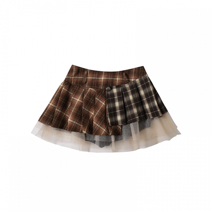 High Plaid Waist Mesh Patchwork Vintage Brown Skirt