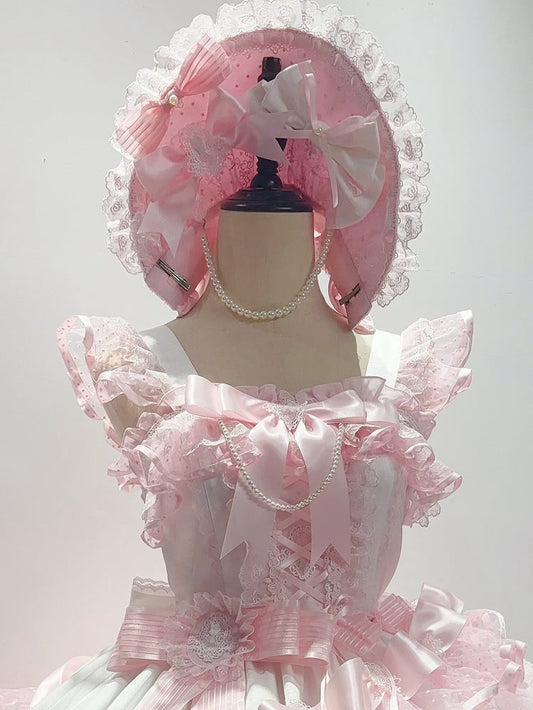 / Weiß verzierte rote Schleife Kette rosa Motorhaube Perle und