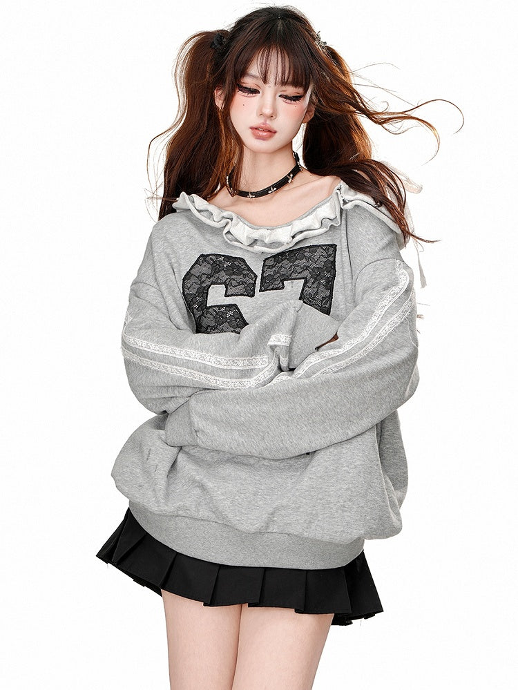 Black/Grey Lace Appliques Asymmetrical Neckline Sweatshirt