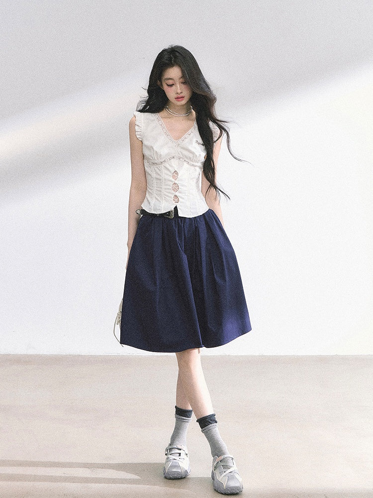 Skirt Length Knee Black/Navy Blue A-line