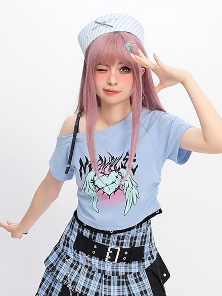 Wings Print Y2K Light Blue Asymmetrical Neckline Heart and T-Shirt