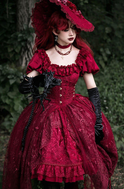 Robe jupe haute-basse brodée d'os de dragon rouge gothique Lolita OP avec superposition de broderie cathédrale