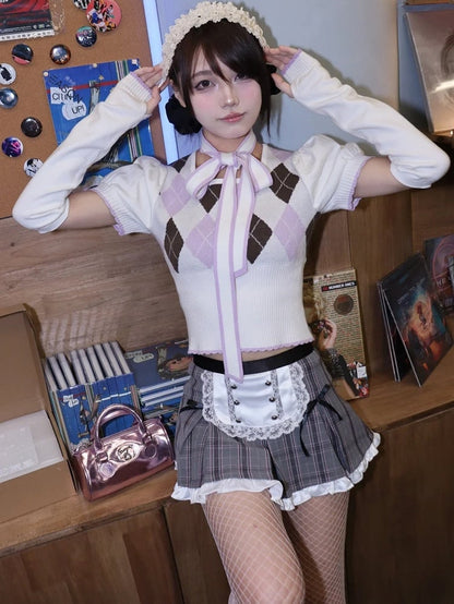 グレーのチェック柄フリルトリムエプロンデザインミニスカート