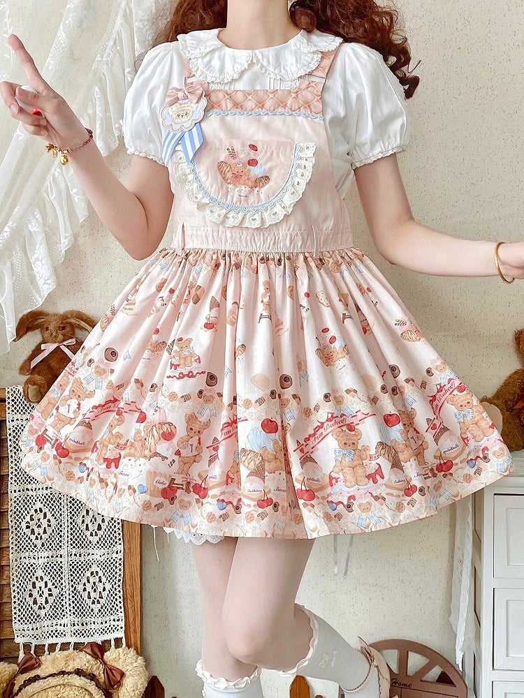 Beige Sweet Teddy Bear and Dessert Lolita Overall Dress