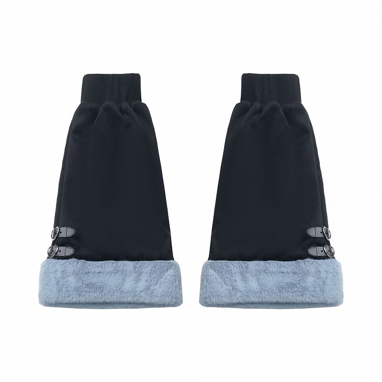 Blue&Black Plush Trim Leg Warmers with Buckle