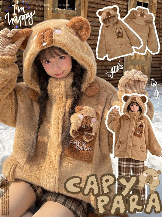 Cute Capybara Adorned Brown Plush Zip Hoodie
