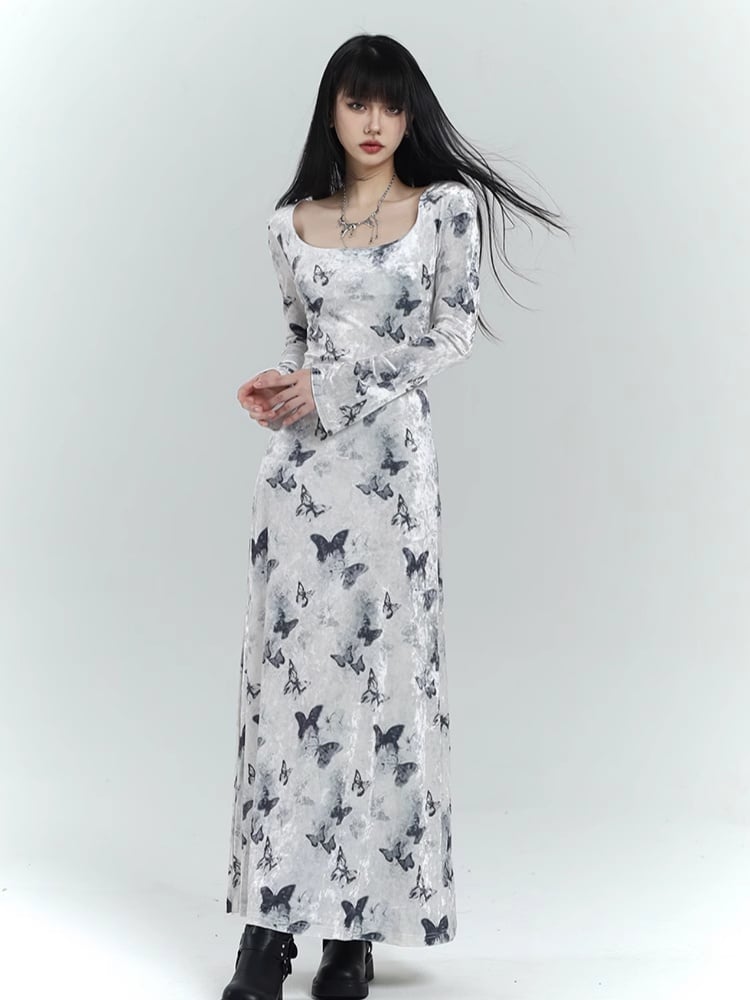 Robe moulante en velours blanc à imprimé papillon