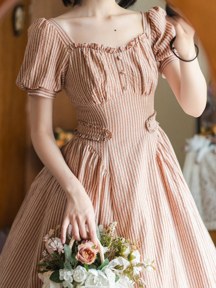 Fabric Puff Square Sleeves Orange Vintage Retro Striped Neckline Dress Fashion