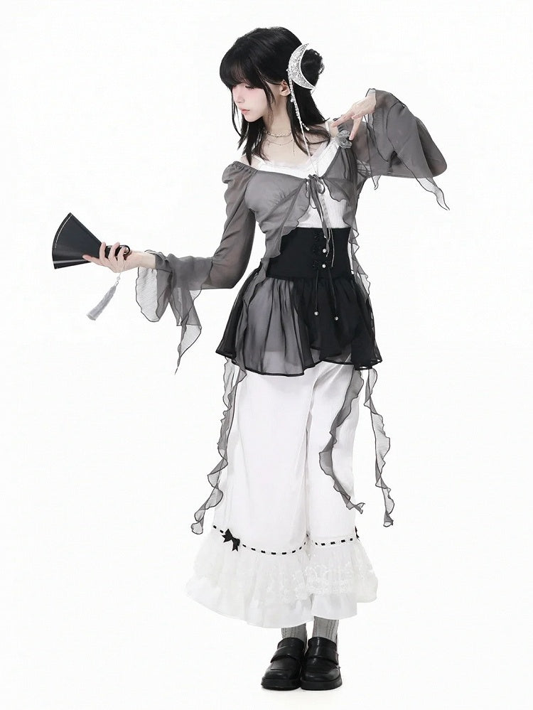 Cascading Ruffle Accents Cheongsam Floral Brooch Chiffon Top with Gray