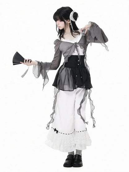 Cascading Ruffle Accents Cheongsam Floral Brooch Chiffon Top with Gray