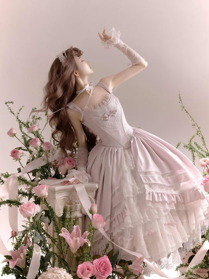 Rosette Light Pink Elegant Wedding Hanayome Lolita Jumper Skirt + Underskirt