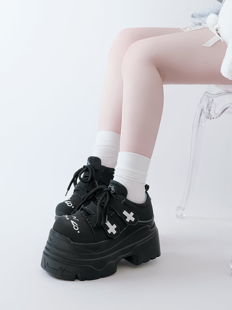 Yami Kawaii Matte Black Cross Velcro Strap Kitty Ears Platform Shoes