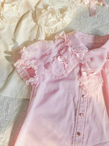 Pink Removable Bowknot Neckline Beads Short Puff Sleeves Blouse