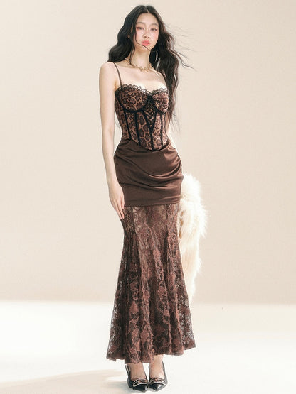 Brown Leopard Corset Bodice Dress Evening Gown