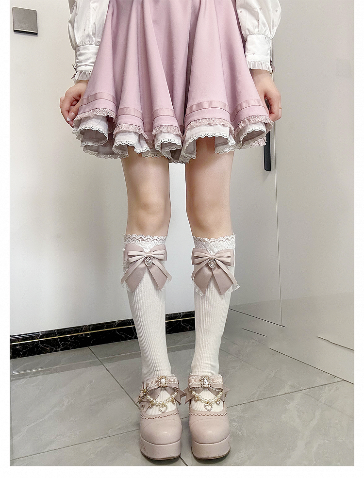 Front Bow Detail Dusty Heart Rhinestone Jirai Kei Under Knee Stockings Pink